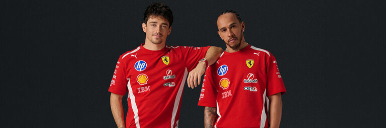Leclerc e Hamilton che indossano abbigliamento Puma x Ferrari F1