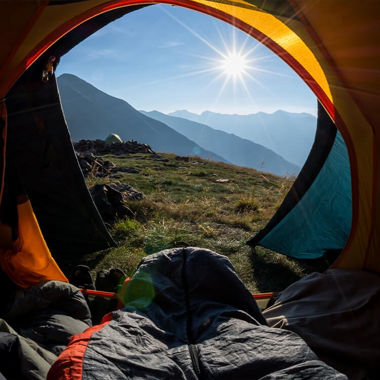 Vista esterna dall'interno di una tenda da campeggio